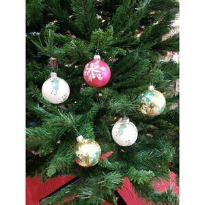 5 VTG  Hand Painted Blown Glass Christmas Ornaments Snow Holly Pink White Gold